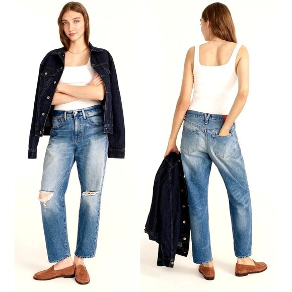 J Crew Jeans Women 24 Petite Blue Medium Wash Distressed Slouchy Boyfriend - Picture 1 of 13